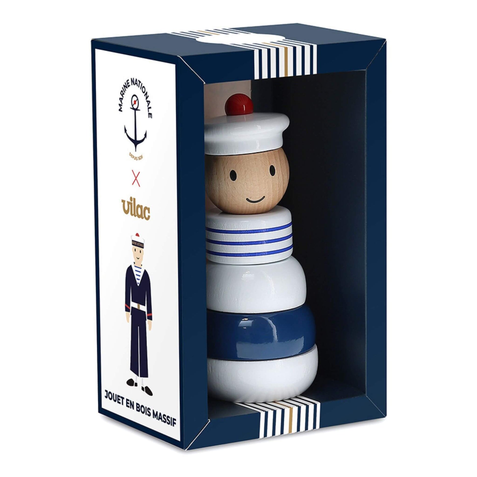 Vilac Sailor Stacking Toy in its packaging, featuring a wooden sailor figure with a white cap and blue-striped design.