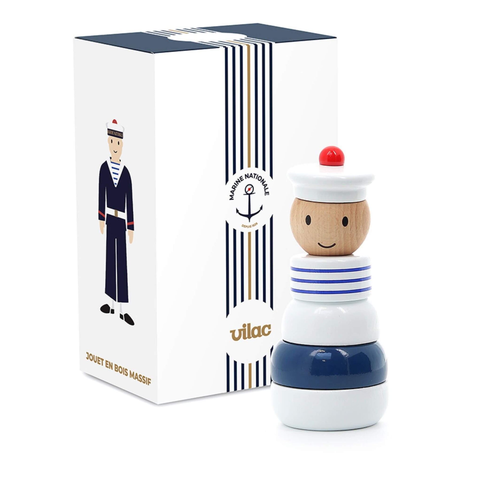 Vilac Sailor Stacking Toy displayed next to its box, featuring a wooden sailor with a white cap, blue stripes, and a navy-themed design.