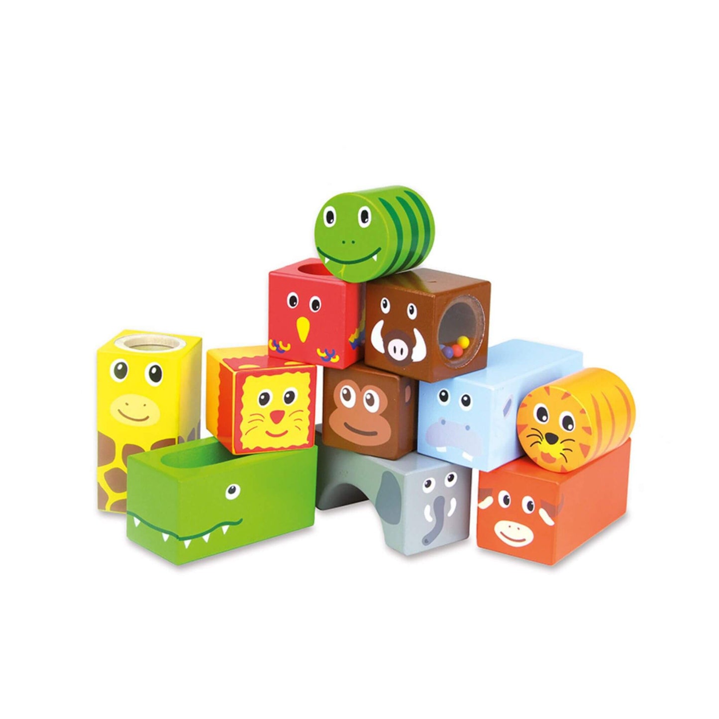 A colourful set of Vilac Savannah Musical Blocks featuring playful animal faces like lions, crocodiles, and giraffes, perfect for stacking fun.