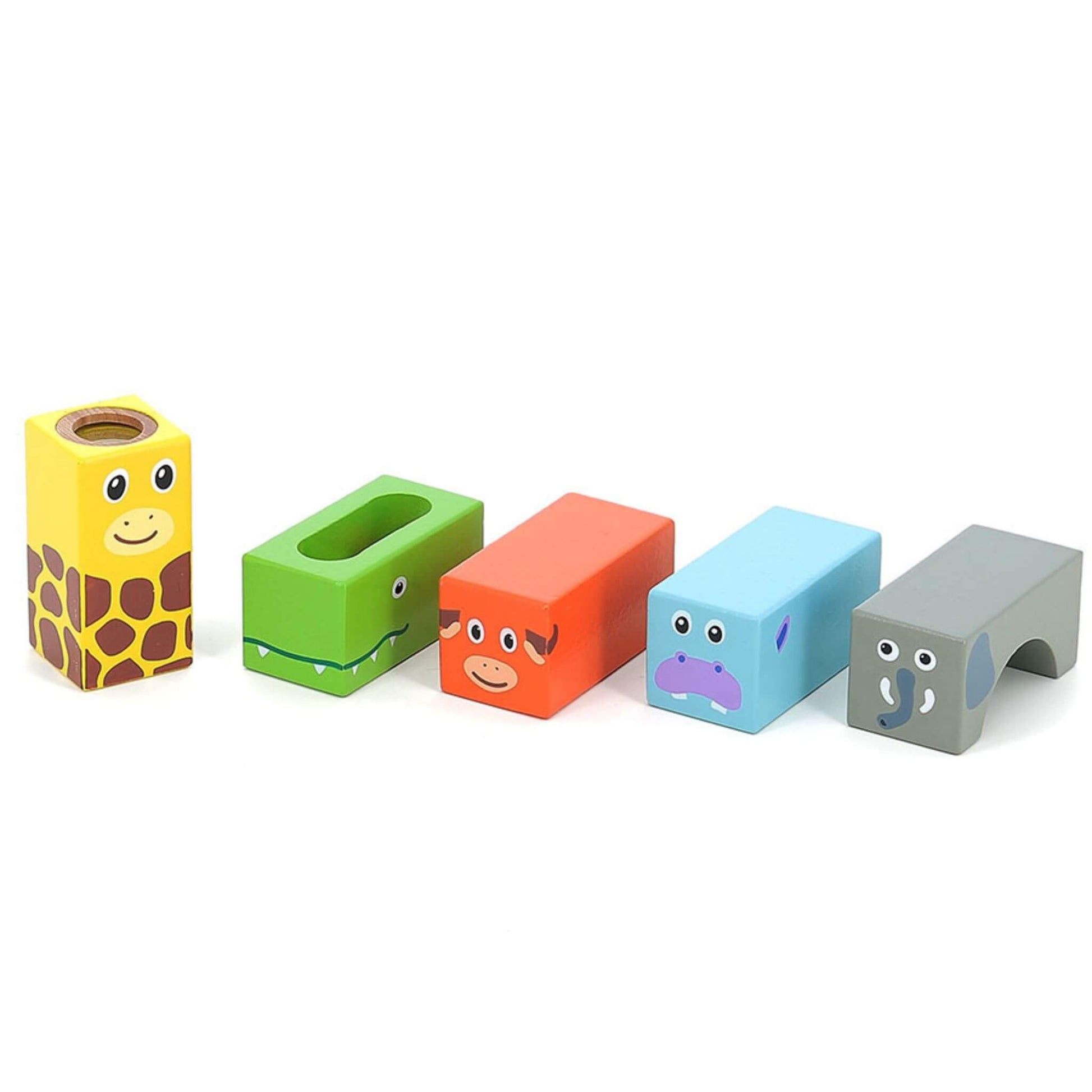 A set of Vilac Savannah Musical Blocks featuring safari animal designs, including a giraffe, crocodile, and hippo, each with unique details.