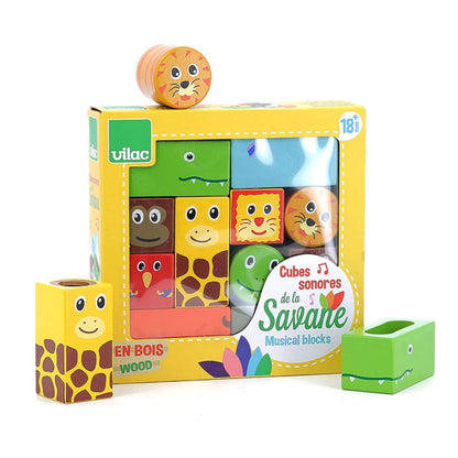 A colourful boxed set of Vilac Savannah Musical Blocks, featuring playful animal designs like a giraffe, lion, and crocodile for sensory fun.