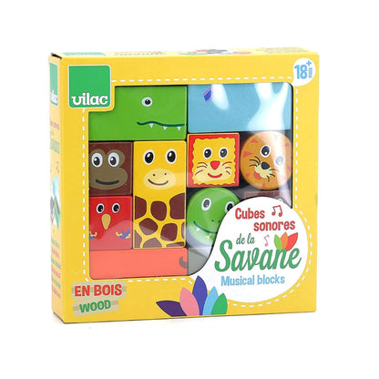 A boxed set of Vilac Savannah Musical Blocks featuring adorable animal designs like a giraffe, lion, and crocodile, perfect for sensory exploration.