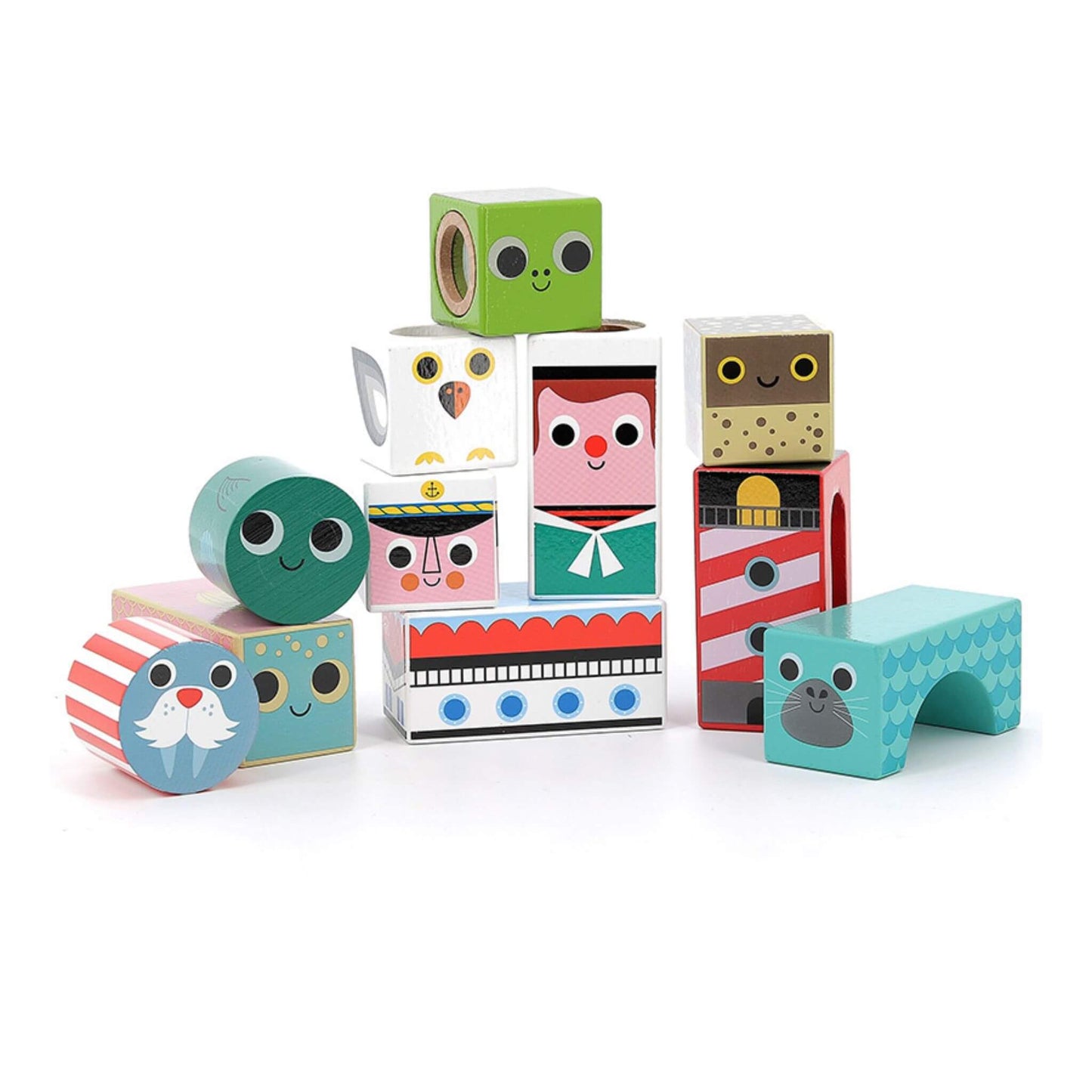 A colourful set of Vilac Sea Musical Blocks featuring nautical-themed designs like a lighthouse, sailor, and walrus, some making gentle sounds.