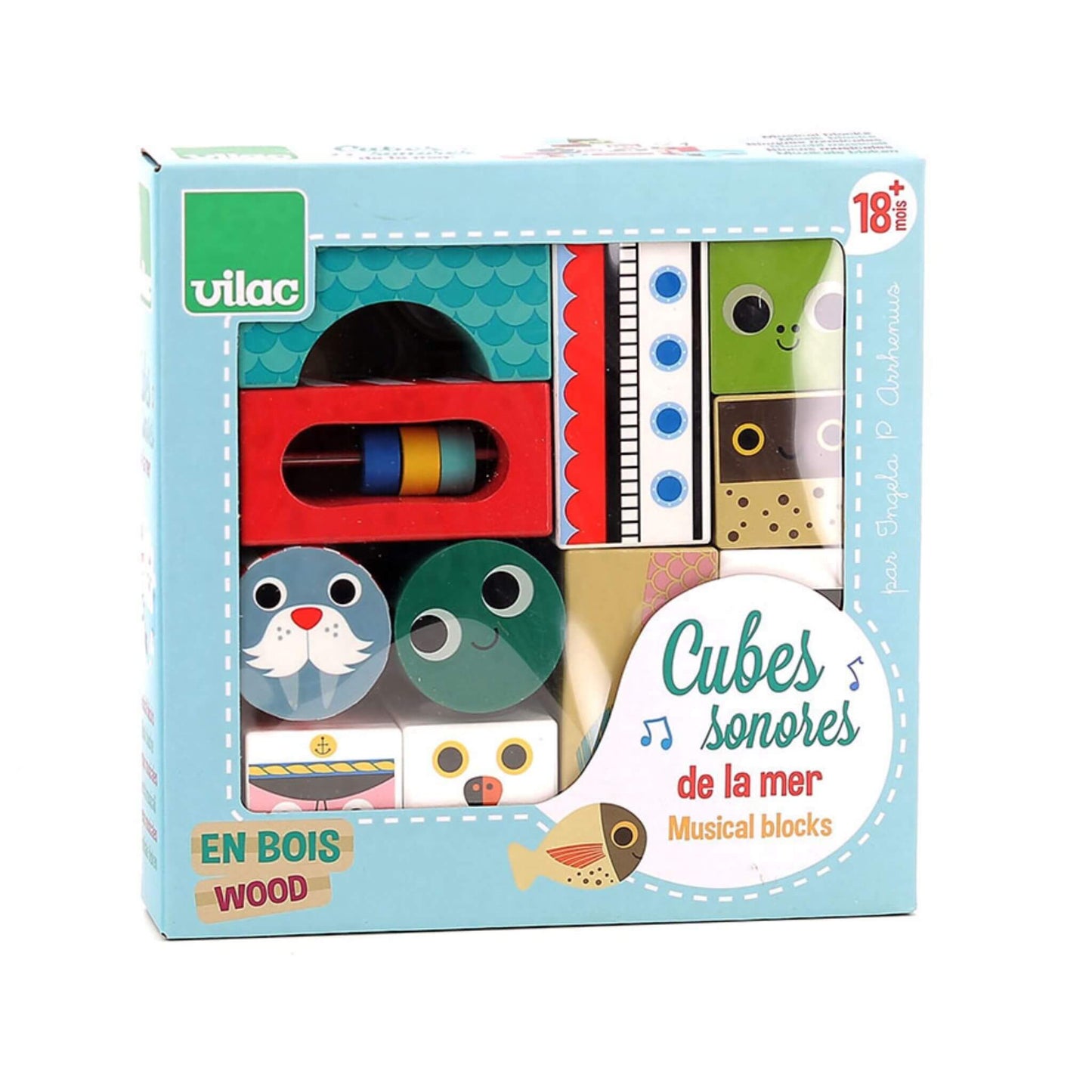 A boxed set of Vilac Sea Musical Blocks, featuring ocean-themed characters like a seal and lighthouse, perfect for creative play.