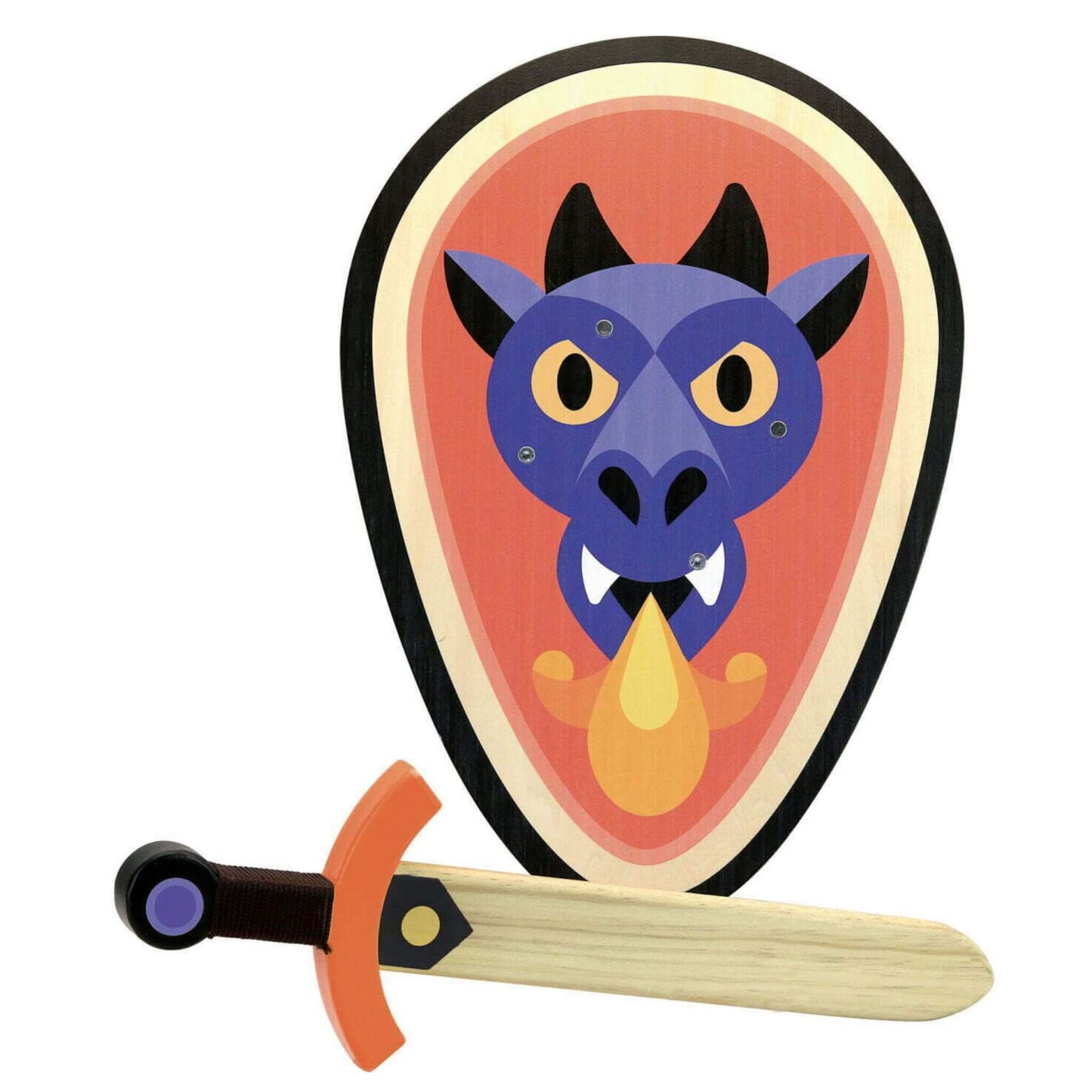 A wooden sword and shield set featuring a bold dragon design, ideal for imaginative play and bringing epic adventures to life.