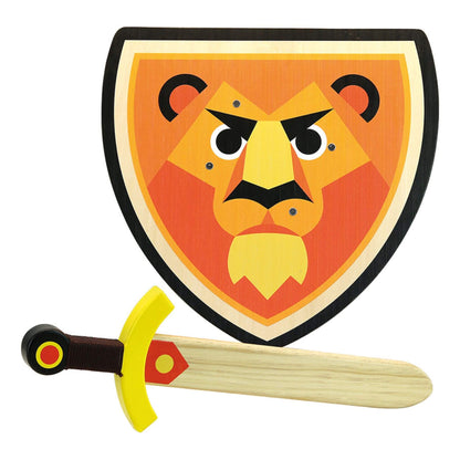 A wooden sword with a yellow hilt and a matching shield featuring a bold lion design, perfect for imaginative knight adventures.