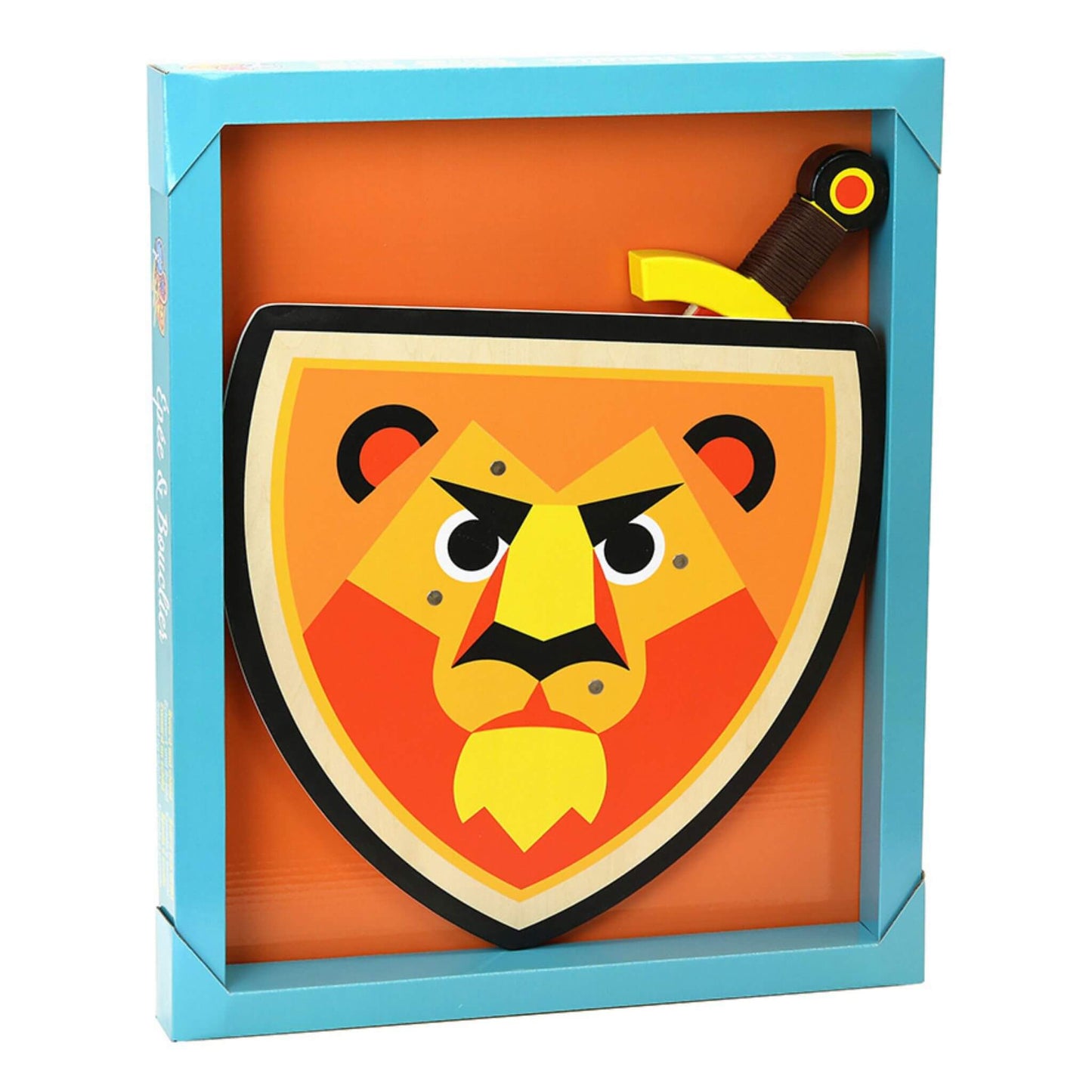 A boxed  wooden sword with a yellow hilt and a lion-themed shield, perfect for imaginative play and dressing up.