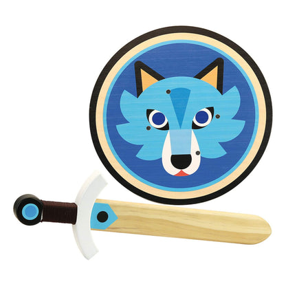 A wooden wolf-themed shield paired with a matching sword featuring a blue and white design, perfect for imaginative play and adventures.