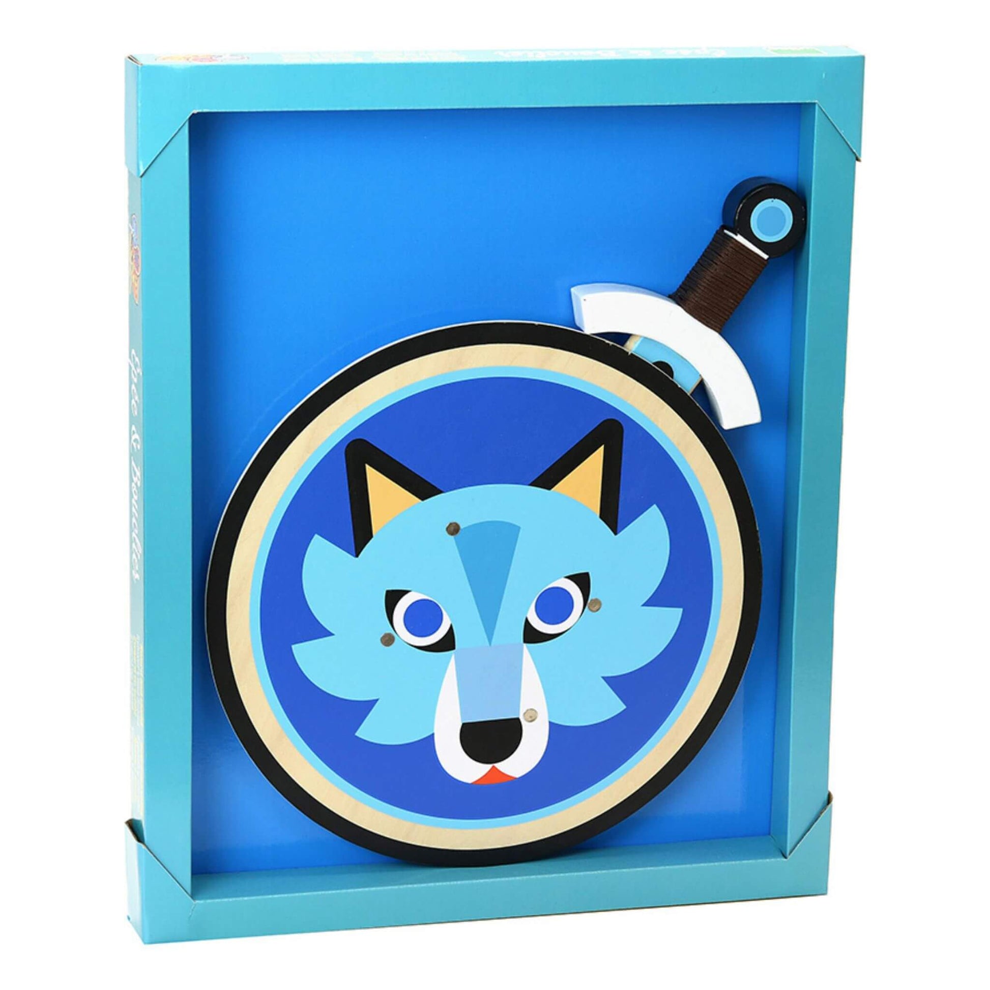 A blue wolf-themed shield and sword set displayed in a vibrant box, perfect for adventurous play and sparking imaginative stories.