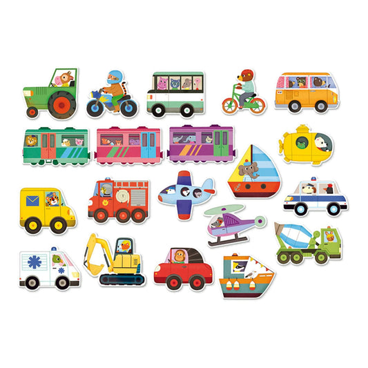 Vilac Transport Magnets featuring 20 colourful wooden vehicle designs, including cars, trains, planes, and boats for imaginative play.