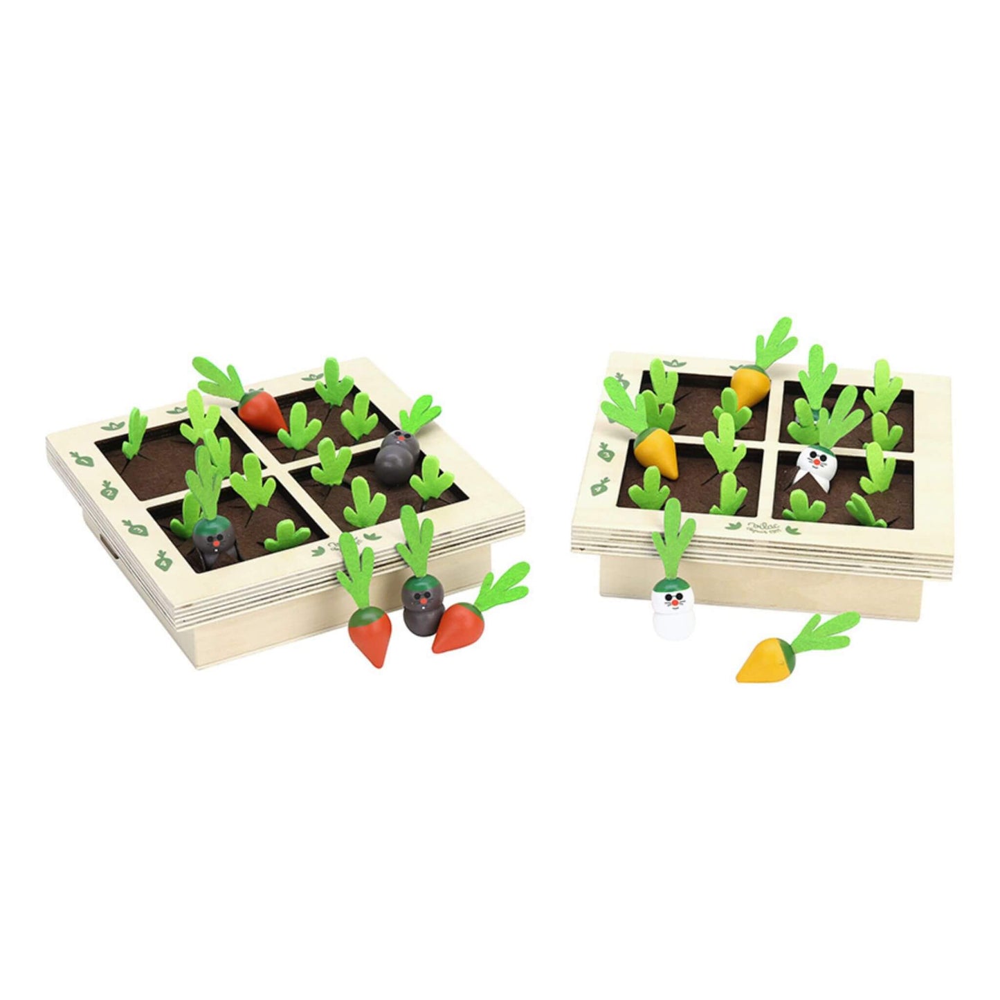 Vilac Vegetable Gardener's Battleship Game with wooden garden grids and colourful vegetables, blending strategy and imaginative play for kids.