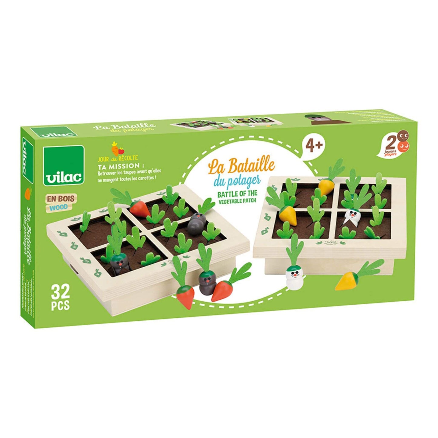 Packaging for the Vilac Vegetable Gardener's Battleship Game, featuring wooden garden grids, colourful vegetables, and strategic play for ages 4+.