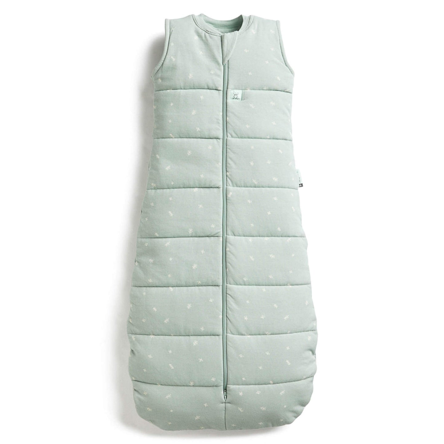 Sage green ergoPouch winter jersey sleeping bag, 2.5 TOG, sleeveless with a quilted design and central zip for easy access.