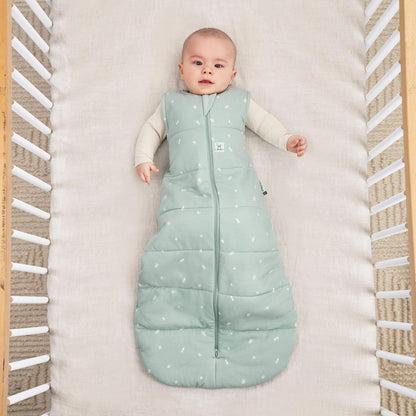 A baby lies in a cot wearing a sage green ergoPouch winter jersey sleeping bag, 2.5 TOG, with a central zip and small white patterns.