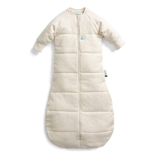 Oatmeal Marl ergoPouch winter jersey sleeping bag, 2.5 TOG, quilted with long sleeves, central zip, and small white printed details.