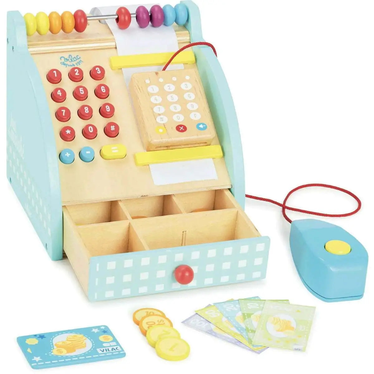 Colourful and stylish Cash Register toy. The perfect addition to a play shop and encourages little ones to learn what goes on behind the scenes in a shop. Includes cash register, wooden and paper money, a card reader machine, a credit card and much more.