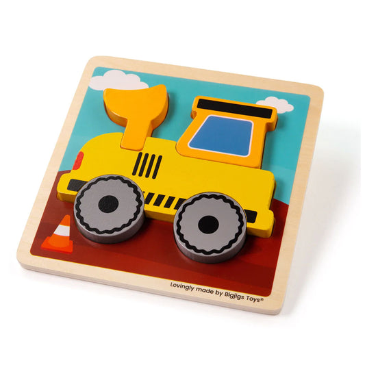 The perfect first wooden puzzle for tots, this BigJigs Chunky Lift-Out Digger Puzzle has five chunky puzzle pieces that make a bright digger. A great way for busy little hands to grasp, place and examine as well as learn about diggers.