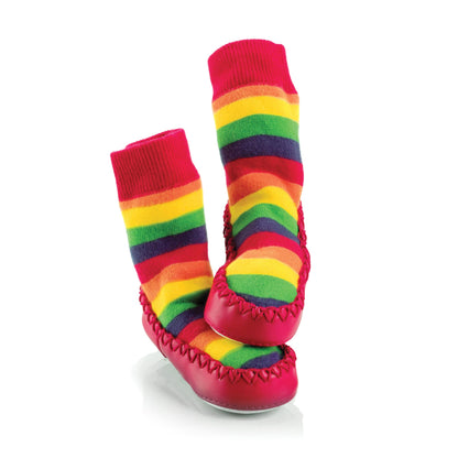 Rainbow stripe design Mocc Ons Moccasin sock style slippers with a soft sole. For keeping toes warm.